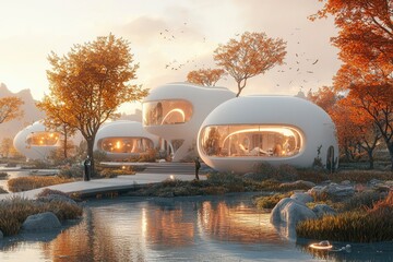 Sticker - Futuristic Homes in a Serene Autumnal Landscape