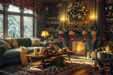 Festive 3D render of a cozy living room with holiday decorations, a roaring fire, and a family unwrapping presents, created by ai