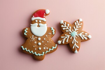 Gingerbread christmas snowflake star santa man tree cookie biscuit   on  pink  background, created by ai