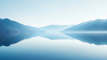 Wall Mural - Calm lake with a perfect reflection of distant mountains, utilizing a minimalist approach to emphasize symmetry and tranquility in a serene natural setting