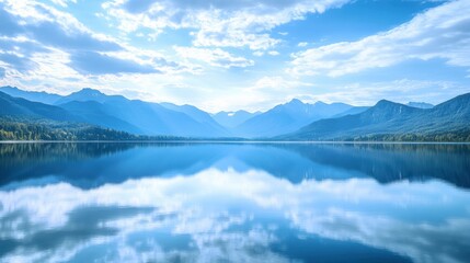 Wall Mural - Calm lake with a perfect reflection of distant mountains, utilizing a minimalist approach to emphasize symmetry and tranquility in a serene natural setting