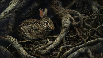 Wall Mural - A rabbit amongst gnarled roots