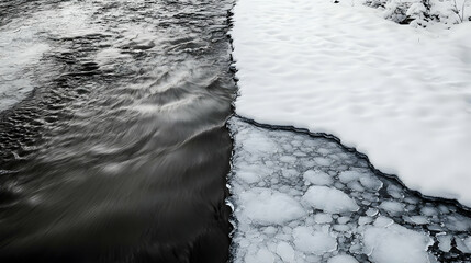 Wall Mural - A flowing river on one side, with clear, moving water, gradually transitioning into a frozen, ice-covered section on the other side