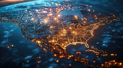 A futuristic digital representation of North America at night, featuring illuminated cityscapes and advanced technology integration across the continent.