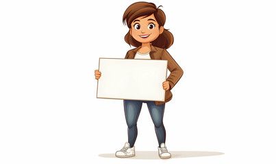 Cartoon woman holding a blank sign, isolated on white background.