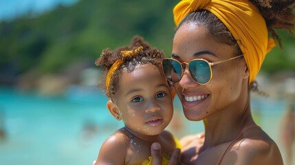 Wall Mural - A mother carefully applying sunscreen to her child's face, focusing on covering the nose and cheeks