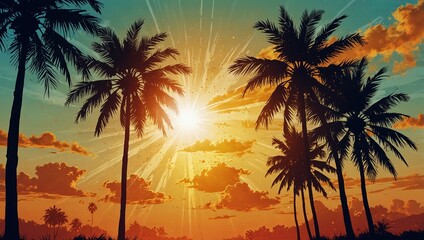 Canvas Print - A striking silhouette of a palm tree against a vibrant sunset, showcasing the beauty of nature's evening colors. Generative AI.
