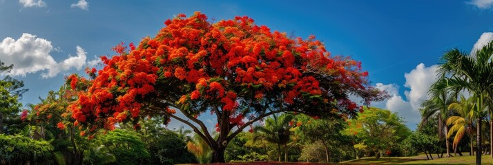 Wall Mural - Delonix regia, commonly referred to as the Royal Poinciana or Flamboyant Tree, known for its vibrant flowers and striking appearance.