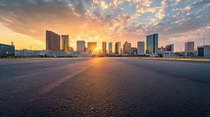 A paved road leads to a modern cityscape with a dramatic sunset.