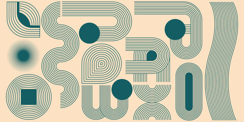 Set of abstract Boho shapes with line. Abstract aesthetic boho shape element. Abstract aesthetic boho textured background with line and stripes. Minimalist geometric patterns. Boho