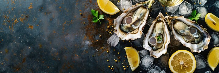 Poster - Fresh oysters garnished with lemon and ice, showcasing a gourmet delicacy. Oyster dish accompanied by champagne in a refined dining atmosphere. Ideal for banners, menus, and recipes with generous text