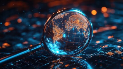 A magnifying glass is placed on a blue surface with a globe in the center