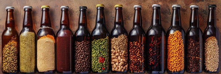 Sticker - Assorted malted grains used in craft beer production with a flat lay of beer bottles.