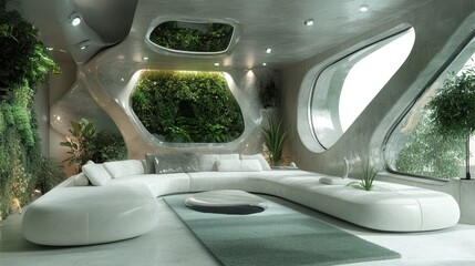 A stylish, futuristic living room with a green theme, integrating plants and advanced design for a peaceful, modern lifestyle