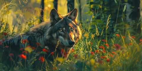 Adult gray wolf in a breathtaking field encircled by vibrant woodland.