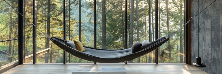 Poster - Cozy gray hammock by a large panoramic window, an ideal place for relaxation.