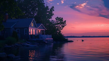 Poster - A serene homemade on the waterfront at sunset