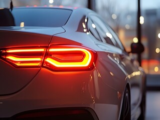 Wall Mural - Sleek Close Up of Glowing Taillight on Luxurious Modern Car in City Night Scene