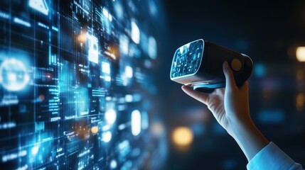 A person is holding a virtual reality device in front of a computer monitor