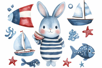 Wall Mural - Watercolor illustration of a cute bunny in sailor clothes holding a miniature sailboat, surrounded by nautical elements like starfish, seashells and fish.