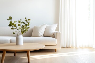 Wall Mural - Contemporary Scandinavian Living Room with Oak Coffee Table and Earthy Tones, Top-Down View