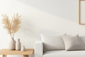 Wall Mural - Serene Scandinavian Living Room with Light Wood Shelving and Earthy Decor under Soft Lighting, Side View of Calm Organized Space