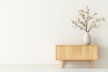 Wall Mural - Bright and Elegant Modern Scandinavian Living Room with Light Wood Sideboard and Earth-Toned Accents in Wide-Angle Shot