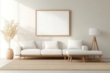 Wall Mural - Cozy and Stylish Scandinavian Living Room with Light Wood and Earthy Accents, Side Angle Shot