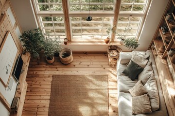 Wall Mural - Serene Scandinavian Living Room with Light Wood Flooring and Large Windows, Top-Down View of Spacious Interior with Soft Natural Light