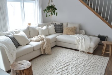 Wall Mural - Tranquil Scandinavian Living Room with Warm Wood Accents in Neutral Tones