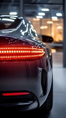 Wall Mural - Close up of High Performance Luxury Car s Sleek LED Tail Lights in Dimly Lit Showroom Setting