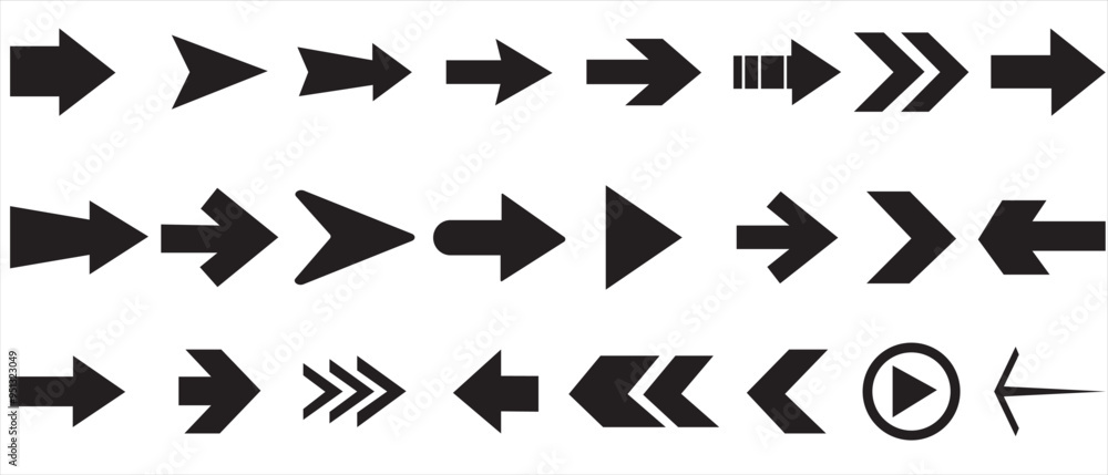  Arrow icon set. Mega bundle set. Collection different arrows sign. Arrow icon vector set. Contains symbol of various arrow head point shape, play, pause, next button symbol. Vector illustration.