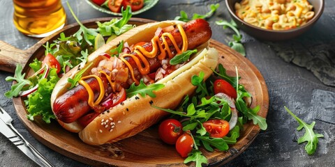 Poster - Flatbread with Hot Dog, Cheese, Salad, and Hummus on a Wooden Board