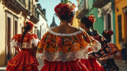 A vibrant group of Mexican women in traditional floral-patterned red and orange dresses, dancing joyfully on a lively street surrounded by colorful buildings. The close-up captures the intricate textu