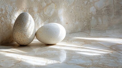 Wall Mural - Two Smooth White Stones Resting on a Marble Surface