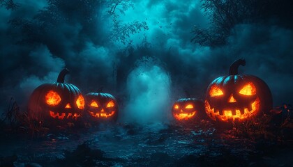 A dramatic Halloween scene featuring glowing jack-o'-lanterns in a foggy, eerie atmosphere, perfect for spooky events or Halloween party invitations with copy space.