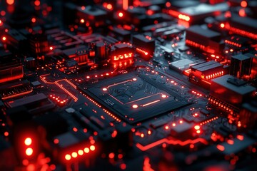 Wall Mural - Red Illuminated Circuit Board with Integrated Components