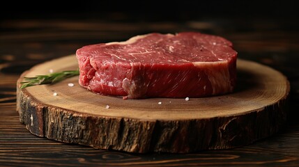 Raw Beef Steak on Wooden Cutting Board with Rosemary and Salt