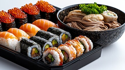 A delicious sushi platter featuring various rolls, salmon, and soba noodles, perfect for enticing food photography.