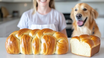 A joyful woman stands behind a freshly baked loaf of bread with her cheerful golden retriever, capturing the essence of homemade goodness.