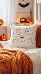 Wall Mural - Cozy Halloween Bedroom Decor with Ghost Pillow.