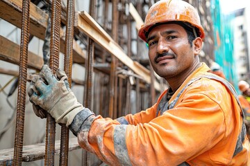 Construction worker inspecting steel reinforcement bars on building site