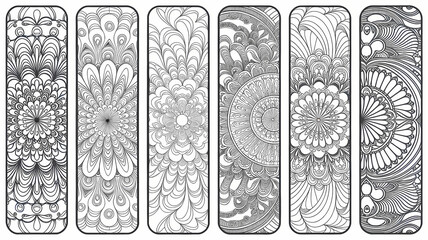set of bookmarks, mandala pattern line drawing coloring page , isolated on white background 