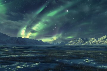 Wall Mural - Aurora borealis over snowy mountains