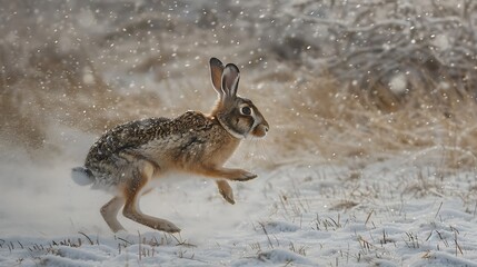 A solitary brown rabbit sprinting across a snow covered wintertime landscape