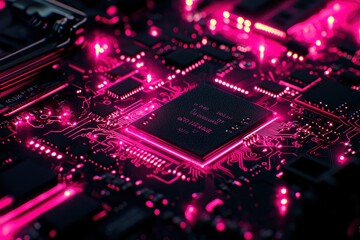 Wall Mural - Close-up of a glowing pink circuit board with a central processor chip