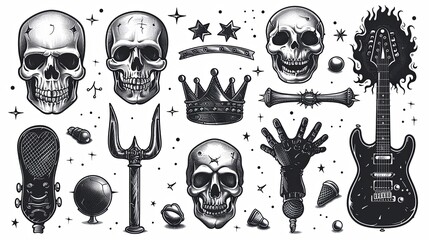 Wall Mural - Rock Music Doodle Elements Vector Set 2. Rock Party icons set of rockers guitar, skull, fire or flame, microphone, crown etc. Punk Rock icons collection. Rock n Roll pattern elements for print design