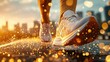 © busro - Close-up shot of a pair of men is running shoes on an urban running track, illuminated by dramatic, angled cinematic lighting that highlights the texture and intricate details of the shoe is