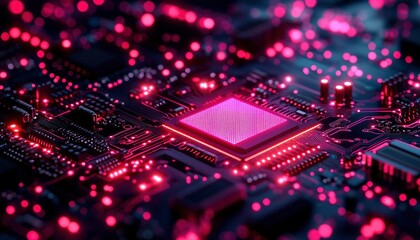 Wall Mural - A close-up view of a glowing pink processor on a circuit board