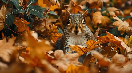 Wall Mural - A squirrel in the dense autumn foliage